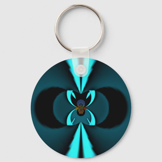 Cyan and Black Abstract Art Print Key Ring (Front)