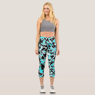 Cyan and Black Swirls  Capri Leggings