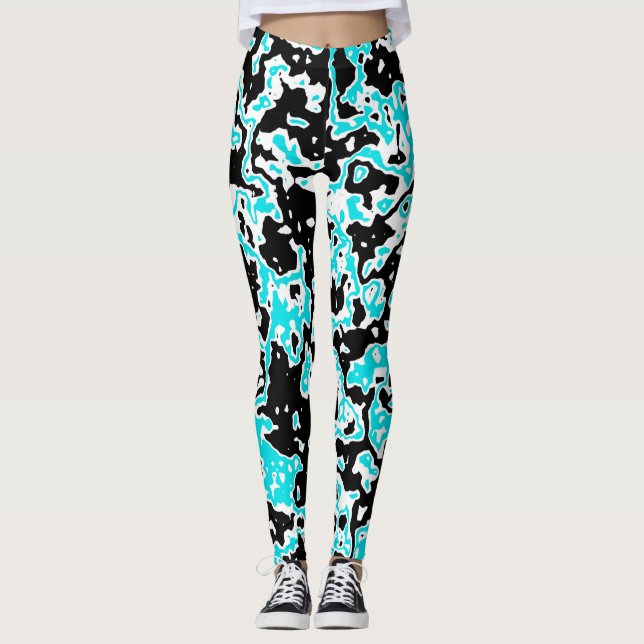 Cyan and Black Swirls Leggings (Front)