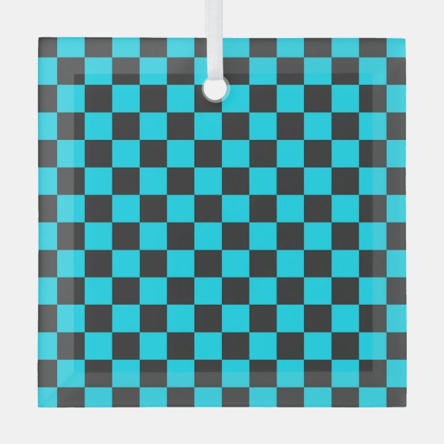 Cyan and charcoal checkerboard pattern glass tree decoration (Front)