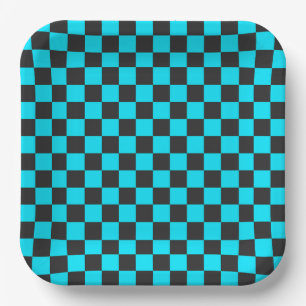 Cyan and charcoal checkerboard pattern paper plate