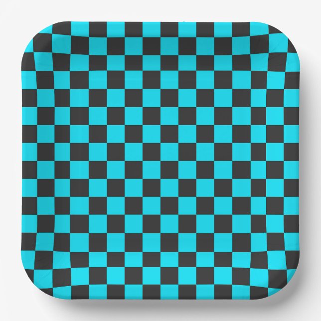 Cyan and charcoal checkerboard pattern paper plate (Front)