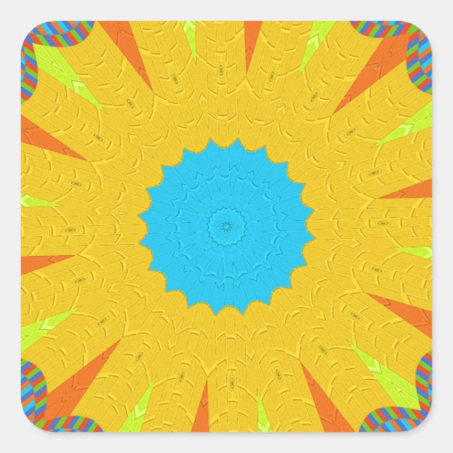 Cyan and Gold Mandala Art Print Square Sticker (Front)