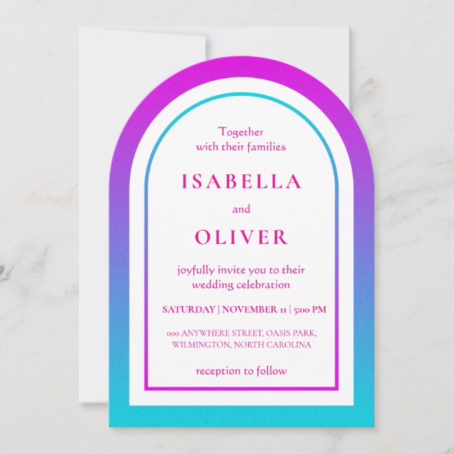 Cyan and magenta gradient elegant wedding invitation (Front)