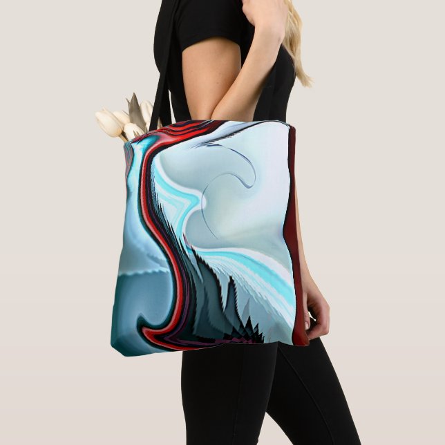 Cyan and red zigzagging over white wavy tote bag (Close Up)