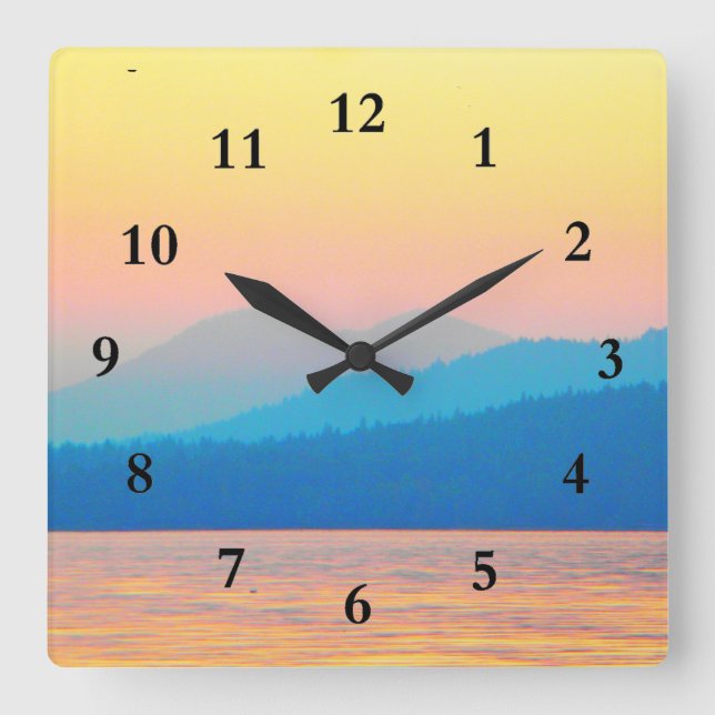 Cyan and Salmon Sunset Square Wall Clock (Front)