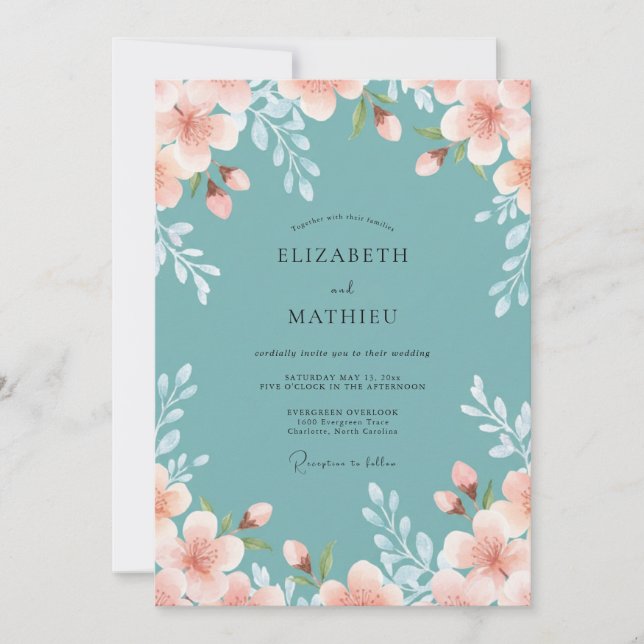 Cyan Apricot Leafy Wedding Invitation (Front)