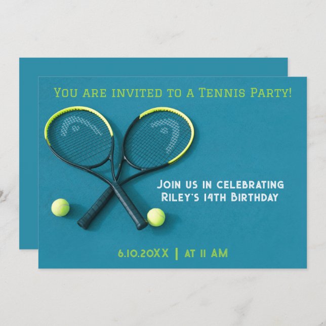  Cyan Birthday Party Rackets and Balls Tennis  Invitation (Front/Back)