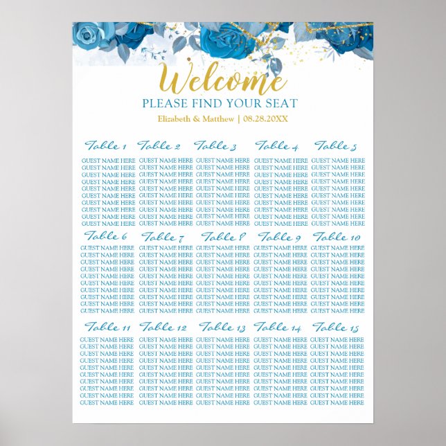 Cyan Blue And Gold Floral Wedding Seating Chart (Front)