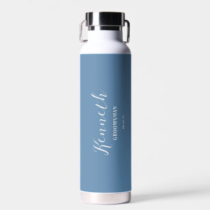 Cyan Blue and White Modern Monogram Bachelor Water Bottle