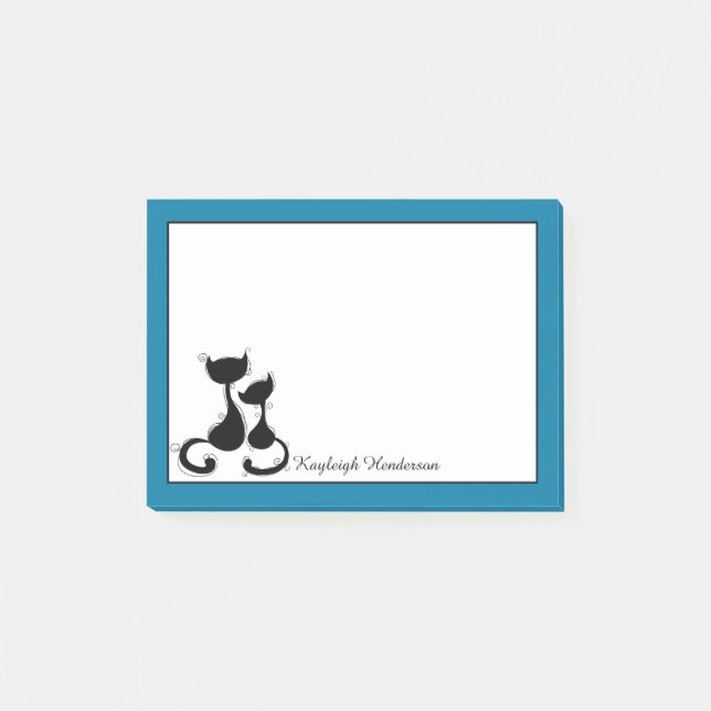 Cyan Blue Black Cats Silhouette Personalised Post-it Notes (Front)