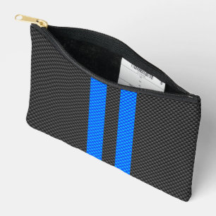 Cyan Blue Carbon Fiber Style Racing Stripes Accessory Pouch