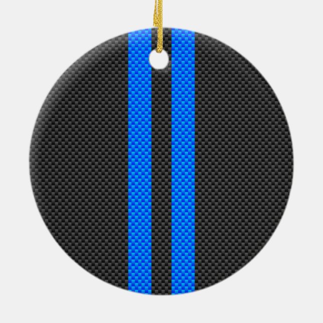 Cyan Blue Carbon Fibre Style Racing Stripes Ceramic Tree Decoration (Back)