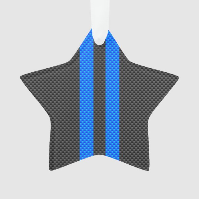 Cyan Blue Carbon Fibre Style Racing Stripes Ornament (Front)
