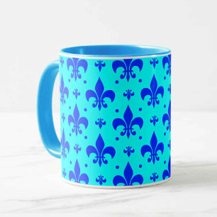 Cyan Blue Fleur-de-lis Pattern Design Mug