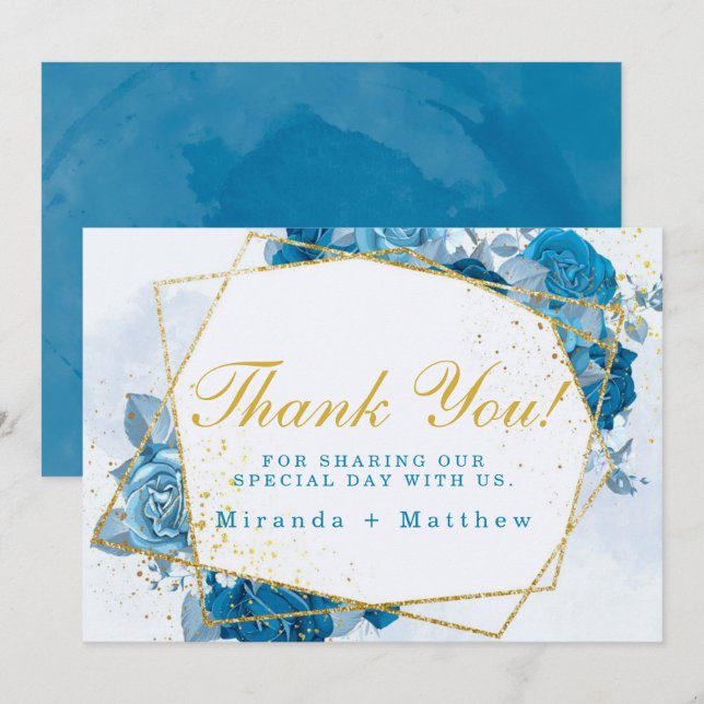 Cyan Blue Floraks And Gold Wedding Thank You Cards (Front/Back)