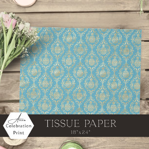 Cyan Blue Gold Pineapple Damask Tissue Paper