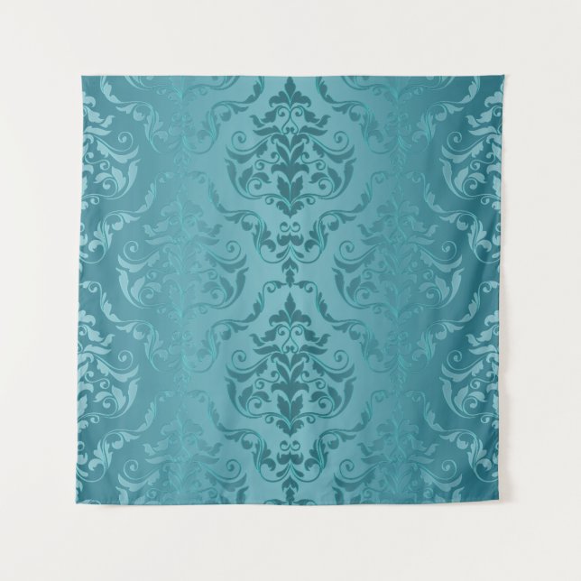 Cyan Blue Green Vintage Damask Print Wall Tapestry (Front)