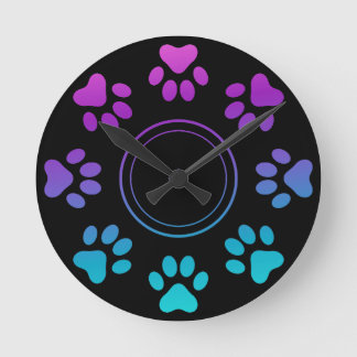 Cyan Blue Purple Paw Prints Design Dog Cat Love Round Clock