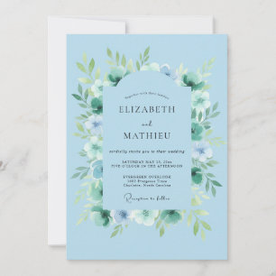 Cyan Blue Tranquil Botanical Wedding Invitation
