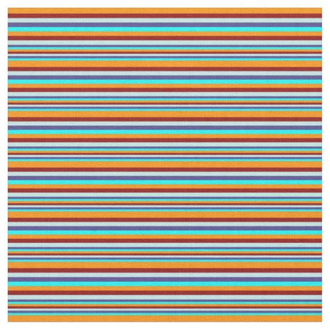 Cyan, Blue, Turquoise, Dark Red, Dark Orange Lines Fabric (Close Up)