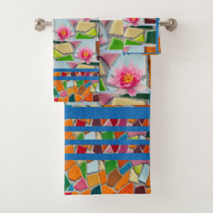 Cyan Blue Water Lily w/ Mosaic Pattern Bath Towel Set