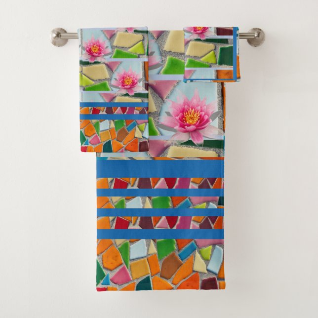 Cyan Blue Water Lily w/ Mosaic Pattern Bath Towel Set (Insitu)