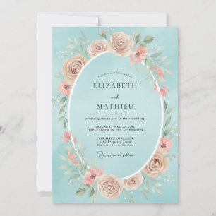 Cyan Blush Blossom Wedding Invitation