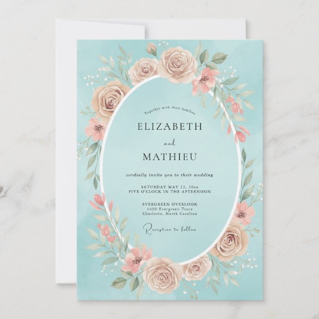 Cyan Blush Blossom Wedding Invitation (Front)