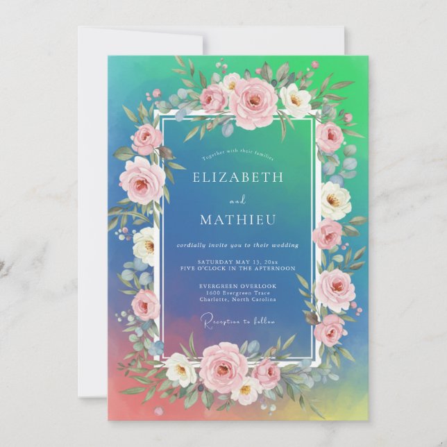 Cyan Blush Watercolor Wedding Invitation (Front)