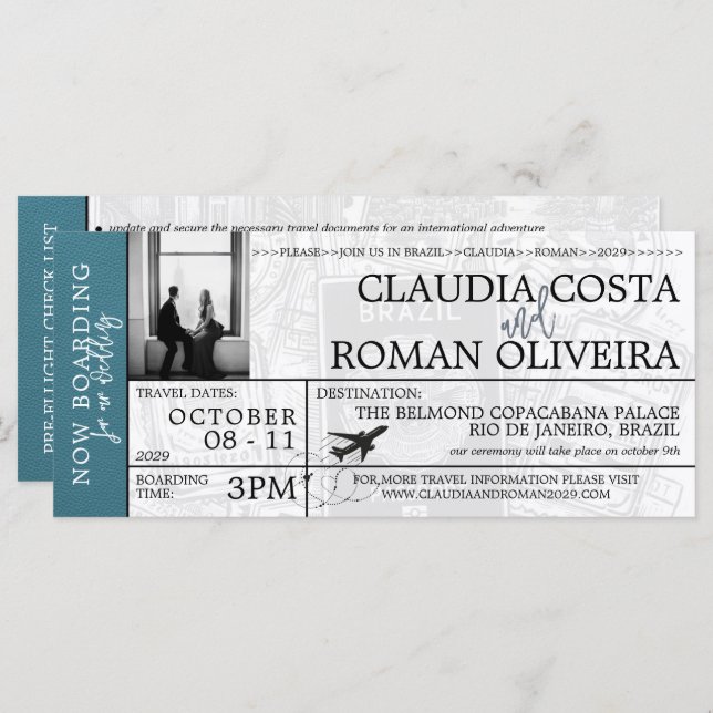 Cyan Brazil Wedding Boarding Pass Invitation (Front/Back)