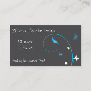 Cyan Butterflies and Leaves on Grey Business Card