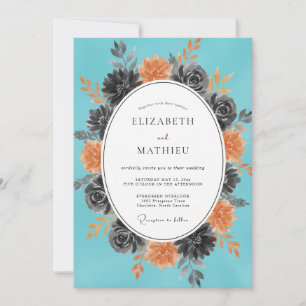 Cyan Charcoal Wreath Wedding Invitation