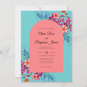 Cyan Coral Hibiscus Eucalyptus Wedding Invitation