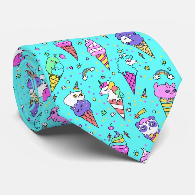 Cyan cute ice-cream can unicorn pattern tie (Rolled)