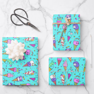 Cyan cute ice-cream can unicorn pattern wrapping paper sheet