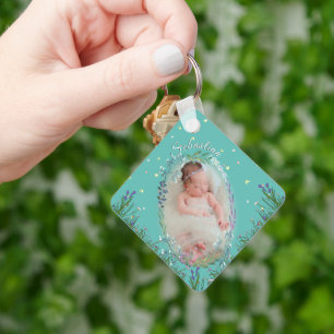 Cyan Floral Custom Neutral Baby Name Keepsake Key Ring