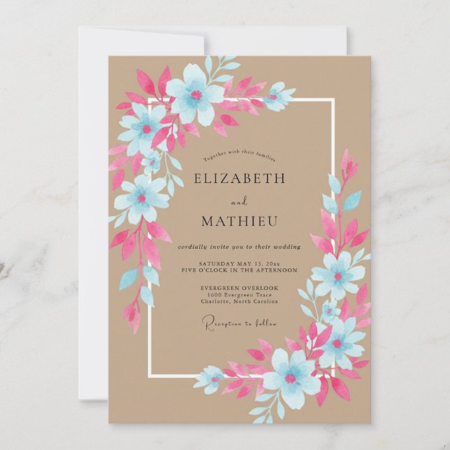 Cyan Fuchsia Wildflower Wedding Invitation (Front)