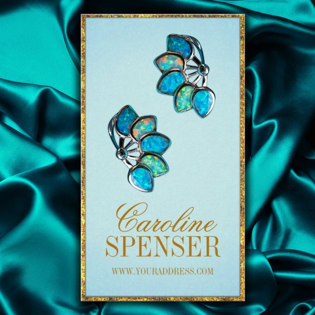 Cyan Golden Border Customisable Earring Display Business Card (Perfect for business)