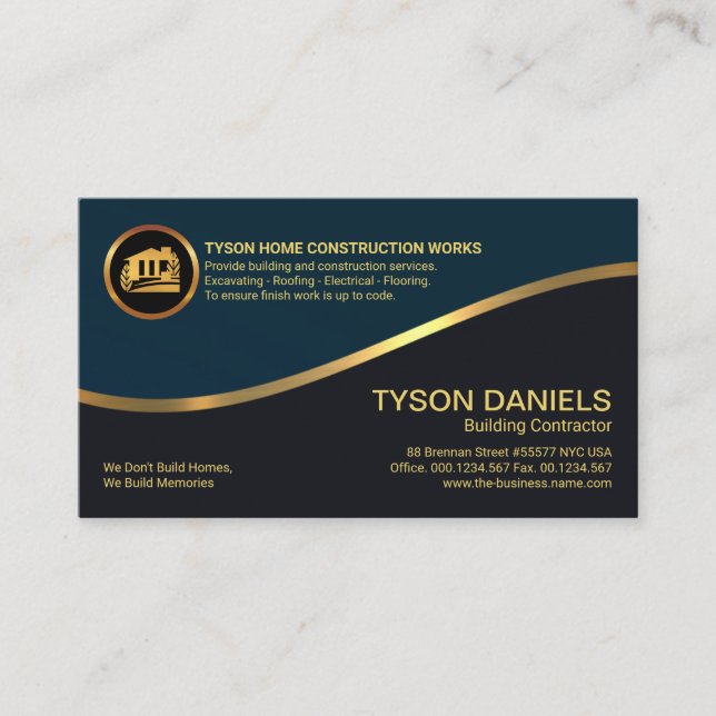Cyan Grey Layer Gold Wave Builder Construction Business Card (Front)