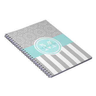 Cyan, Grey & White Striped/Motif Monogram Notebook