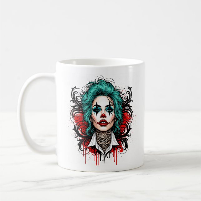 Cyan Haired Clown Queen - Spooky Chic Design Coffee Mug (Left)