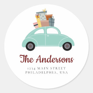 Cyan Holiday Car with Stack of Gifts Address Classic Round Sticker