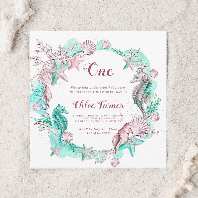 Cyan & Lavender Under the Sea Girl Birthday Square Invitation (Creator Uploaded)