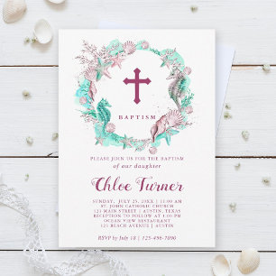 Cyan & Lavender Under the Sea Wreath Baptism Invitation