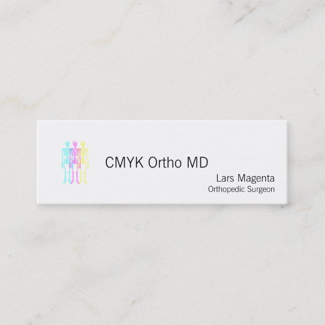 Cyan Magenta Yellow Letterpress Skeletons Mini Business Card (Front)