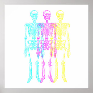 Cyan Magenta Yellow Letterpress Skeletons Poster