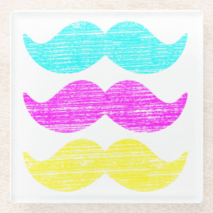 Cyan Magenta Yellow Moustaches (letterpress style) Glass Coaster