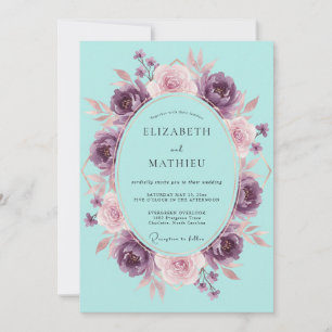 Cyan Mauve Wreath Wedding Invitation