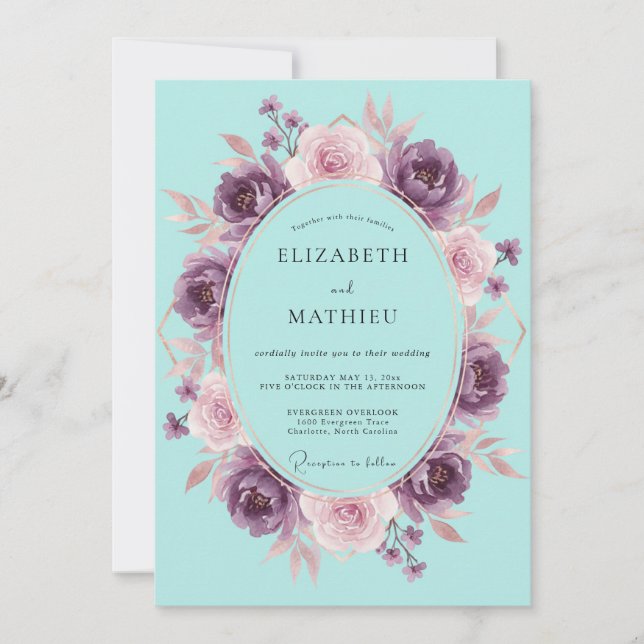 Cyan Mauve Wreath Wedding Invitation (Front)